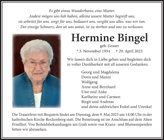 Traueranzeige von Hermine Bingel von Wetterauer Zeitung