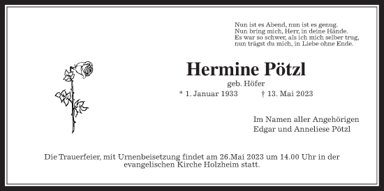 Traueranzeige von Hermine Pötzl von Pohlheimer Nachrichten