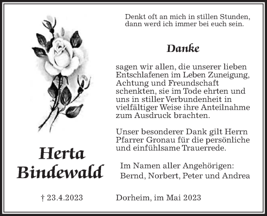 Traueranzeige von Herta Bindewald von Wetterauer Zeitung