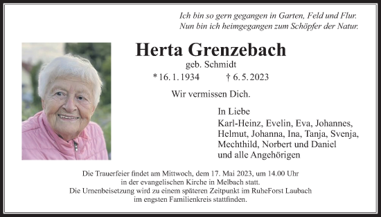 Traueranzeige von Herta Grenzebach von Wetterauer Zeitung