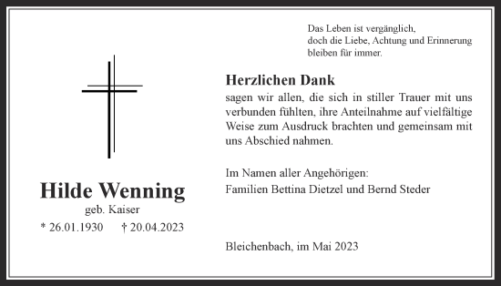 Traueranzeige von Hilde Wenning von Kreis-Anzeiger