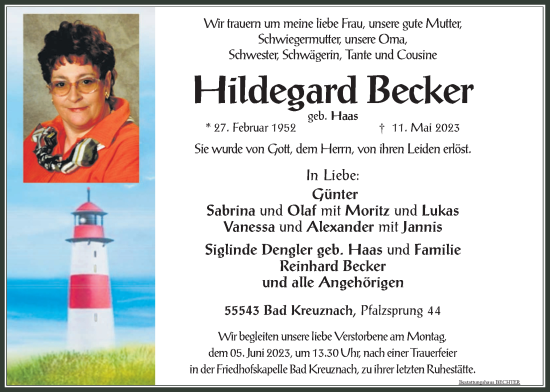 Traueranzeige von Hildegard Becker von Usinger Anzeiger