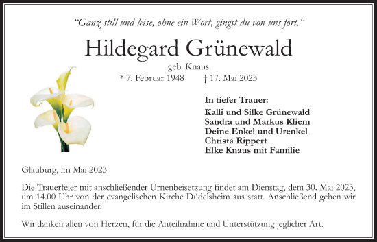 Traueranzeige von Hildegard Grünewald von Kreis-Anzeiger