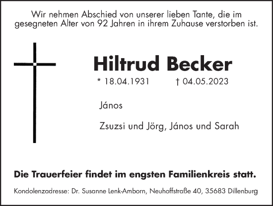 Traueranzeige von Hiltrud Becker von Giessener Allgemeine, Alsfelder Allgemeine, Giessener Anzeiger