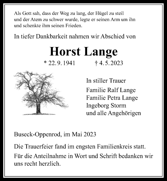 Traueranzeige von Horst Lange von Giessener Allgemeine, Alsfelder Allgemeine, Giessener Anzeiger