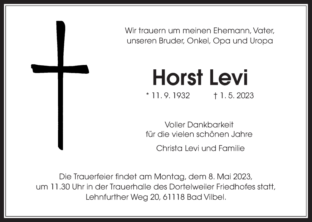  Traueranzeige für Horst Levi vom 06.05.2023 aus Wetterauer Zeitung