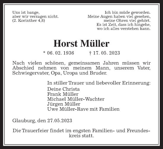 Traueranzeige von Horst Müller von Wetterauer Zeitung