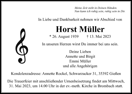 Traueranzeige von Horst Müller von Usinger Anzeiger, 