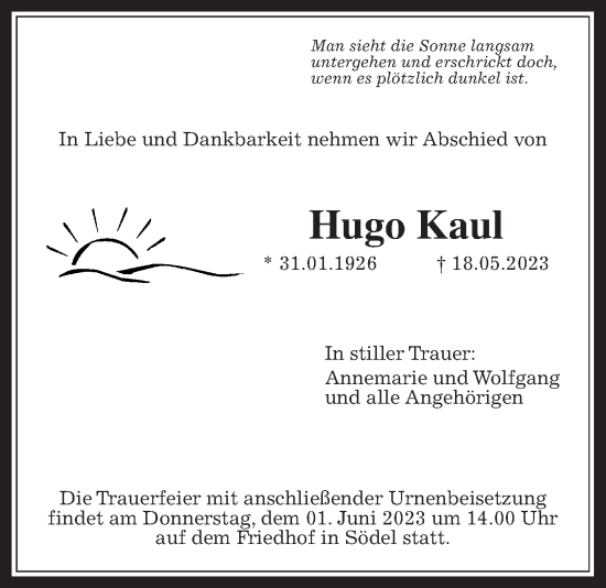 Traueranzeige von Hugo Kaul von Wetterauer Zeitung