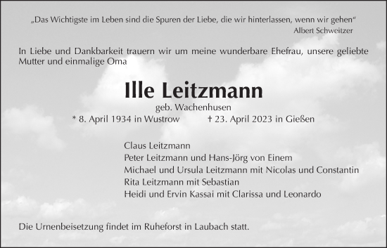 Traueranzeige von Ille Leitzmann von Laubacher Anzeiger