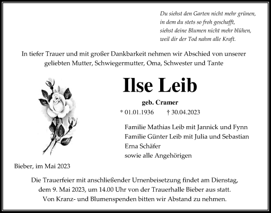 Traueranzeige von Ilse Leib von Giessener Allgemeine, Alsfelder Allgemeine