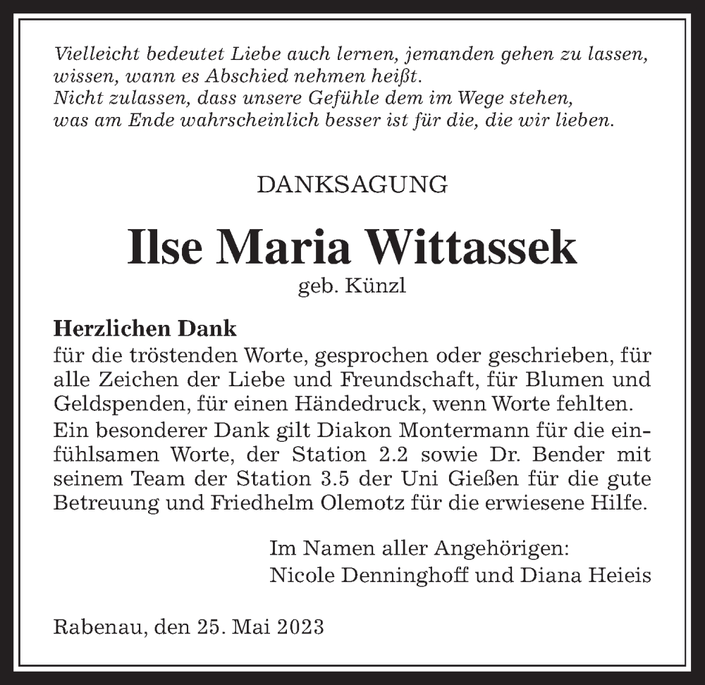 Traueranzeige für Ilse Maria Wittassek vom 25.05.2023 aus Giessener Allgemeine, Alsfelder Allgemeine