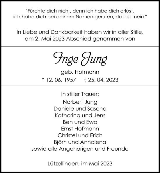 Traueranzeige von Inge Jung von Giessener Anzeiger