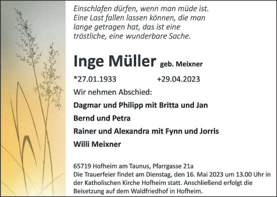 Traueranzeige von Inge Müller 