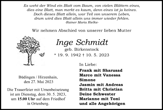 Traueranzeige von Inge Schmidt von Kreis-Anzeiger