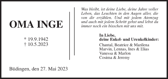 Traueranzeige von Inge Schmidt von Kreis-Anzeiger