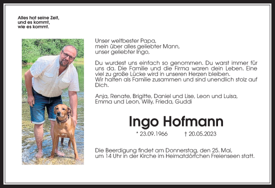 Traueranzeige von Ingo Hofmann von Giessener Allgemeine, Alsfelder Allgemeine, Laubacher Anzeiger, Laubacher Anzeiger, Heimatzeitung Grünberg + Laubach