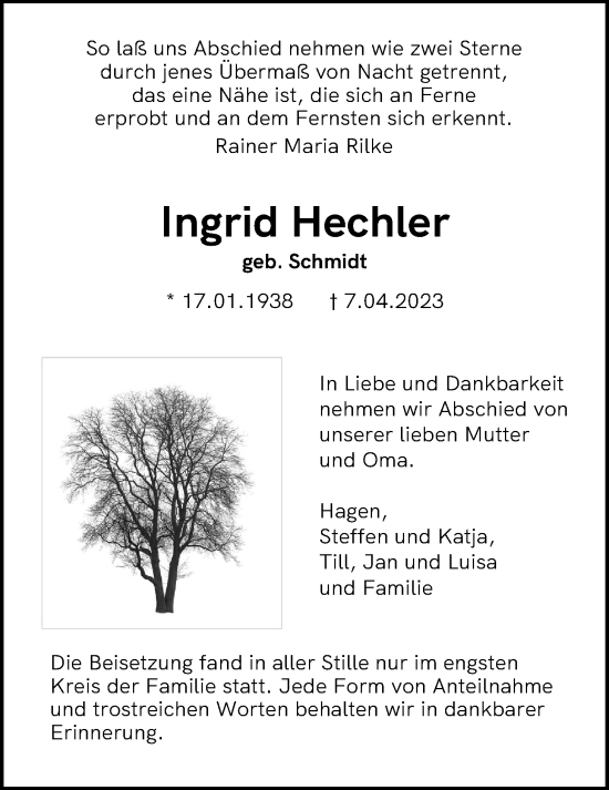 Traueranzeige von Ingrid Hechler von Licher Wochenblatt