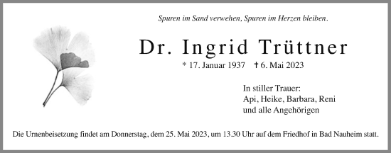 Traueranzeige von Ingrid Trüttner von Wetterauer Zeitung