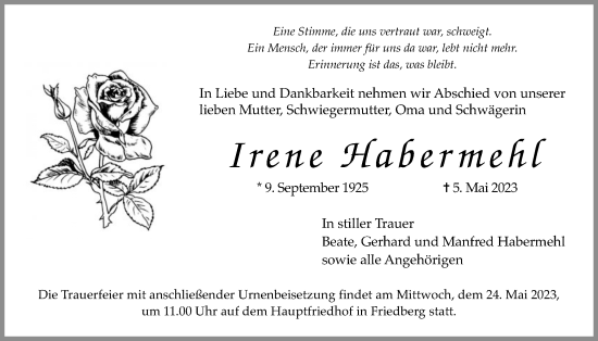 Traueranzeige von Irene Habermehl von Wetterauer Zeitung