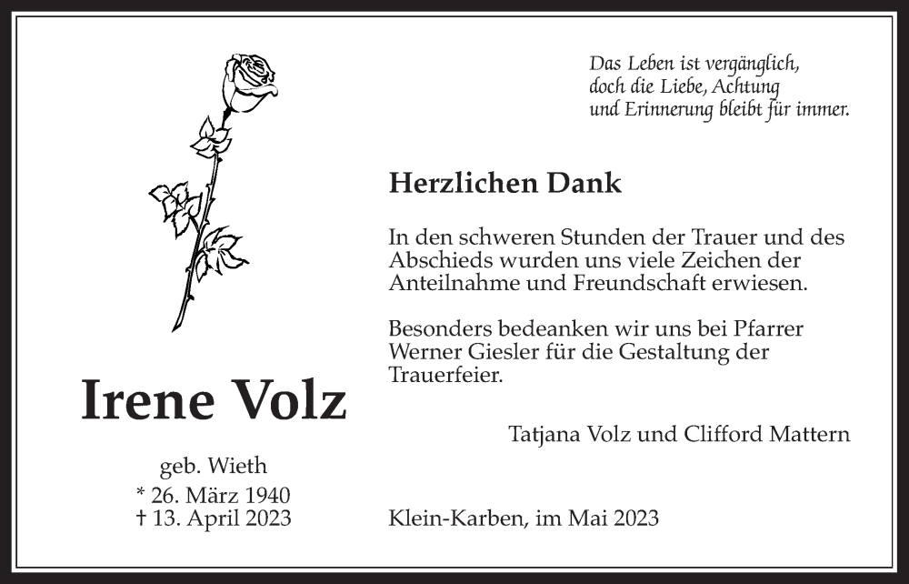  Traueranzeige für Irene Volz vom 25.05.2023 aus Bad Vilbel/Karben