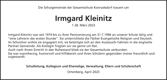 Traueranzeige von Irmgard Kleinitz von Kreis-Anzeiger