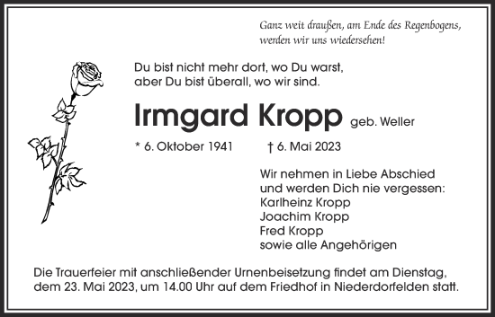 Traueranzeige von Irmgard Kropp von Bad Vilbel/Karben