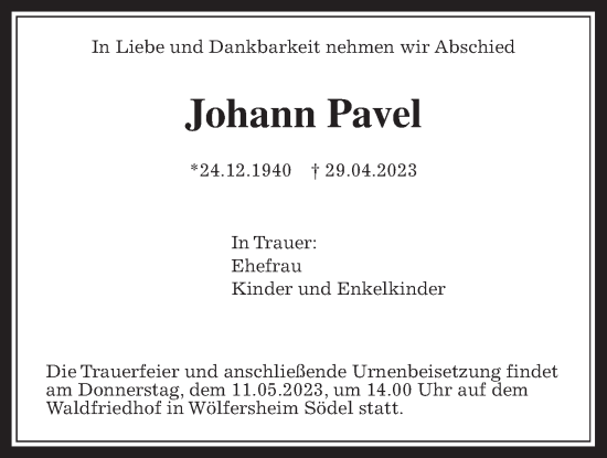 Traueranzeige von Johann Pavel von Wetterauer Zeitung