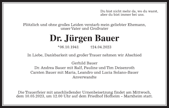 Traueranzeige von Jürgen Bauer 