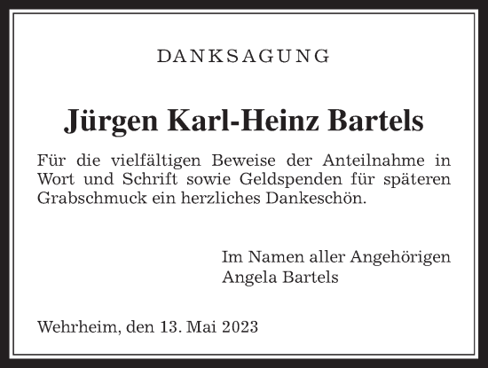 Traueranzeige von Jürgen Karl-Heinz Bartels von Usinger Anzeiger