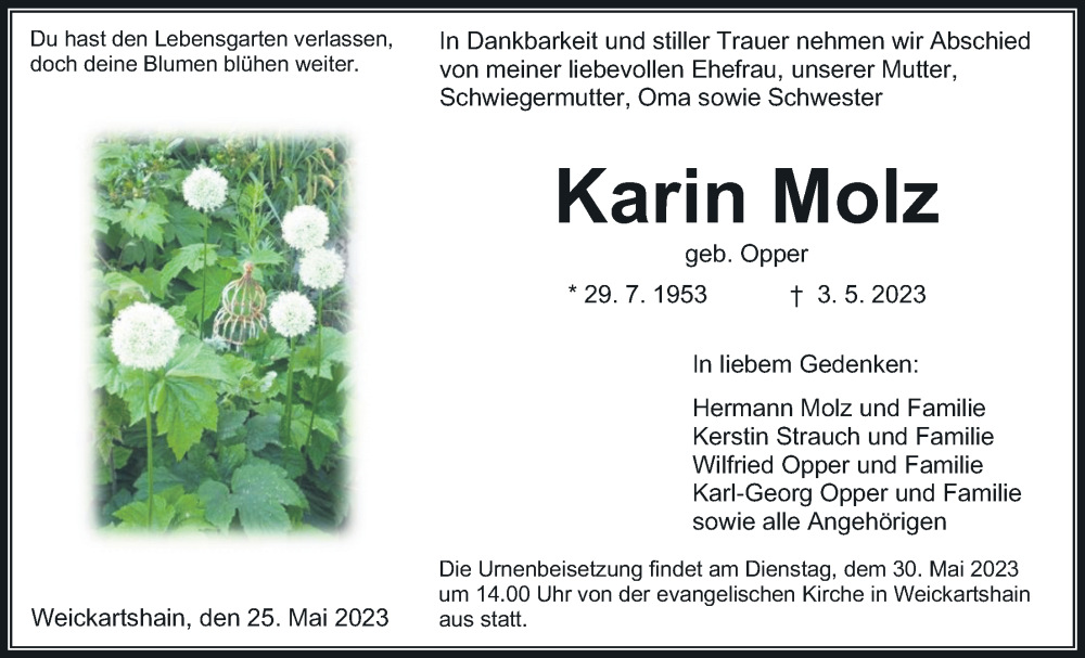  Traueranzeige für Karin Molz vom 25.05.2023 aus Giessener Allgemeine, Alsfelder Allgemeine