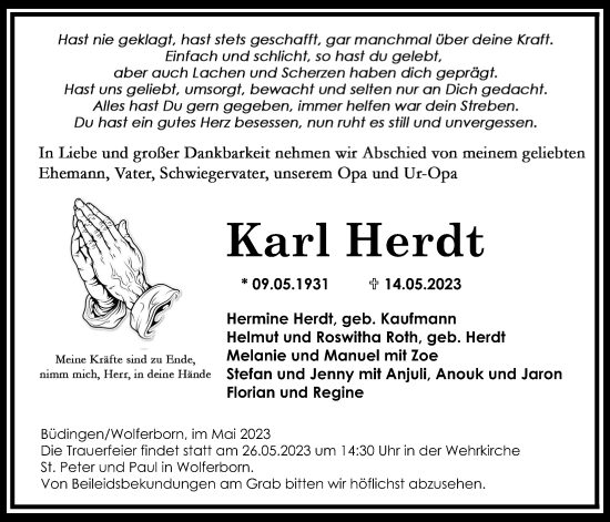 Traueranzeige von Karl Herdt von Kreis-Anzeiger
