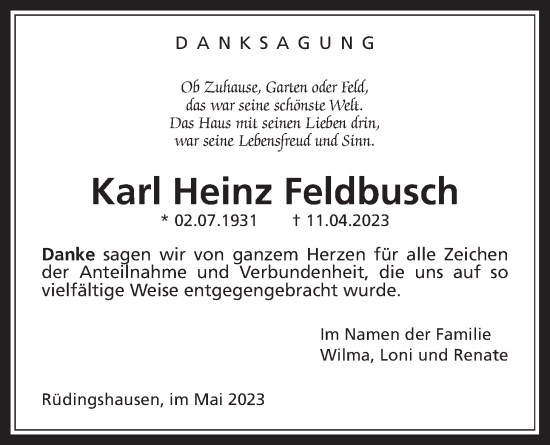 Traueranzeige von Karl Heinz Feldbusch von Giessener Allgemeine, Alsfelder Allgemeine, Giessener Anzeiger