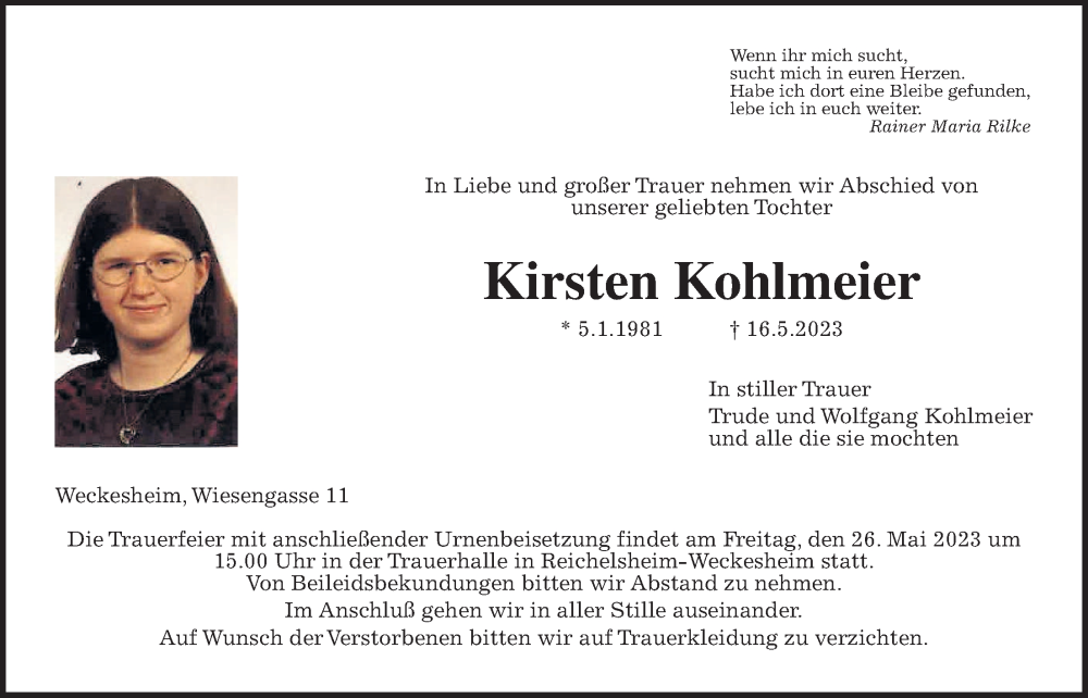  Traueranzeige für Kirsten Kohlmeier vom 25.05.2023 aus Wetterauer Zeitung
