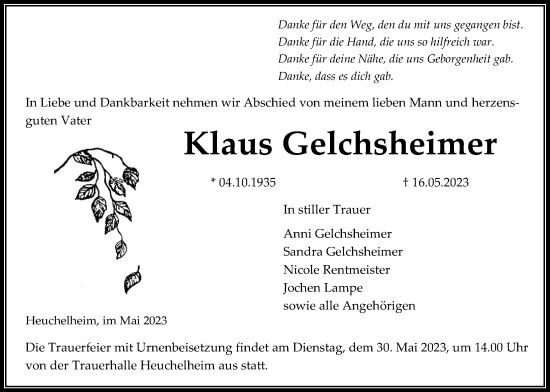 Traueranzeige von Klaus Gelchsheimer von Giessener Allgemeine, Alsfelder Allgemeine