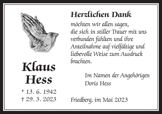 Traueranzeige von Klaus Hess von Wetterauer Zeitung