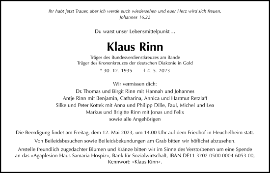 Traueranzeige von Klaus Rinn von Giessener Anzeiger, Giessener Allgemeine, Alsfelder Allgemeine