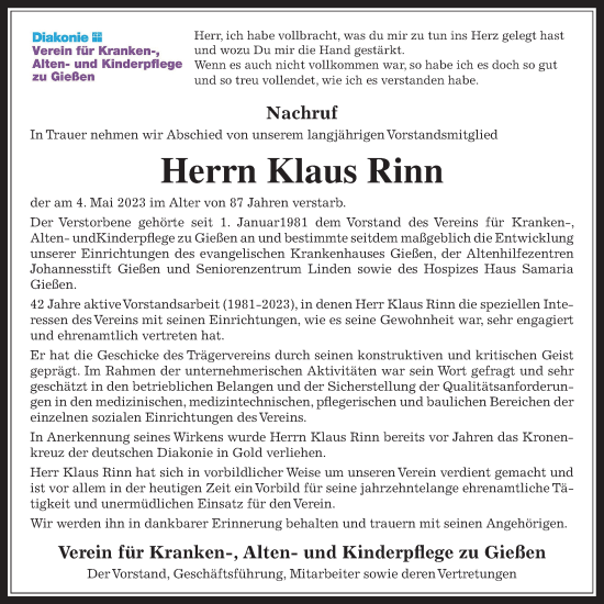 Traueranzeige von Klaus Rinn von Giessener Anzeiger, Giessener Allgemeine, Alsfelder Allgemeine