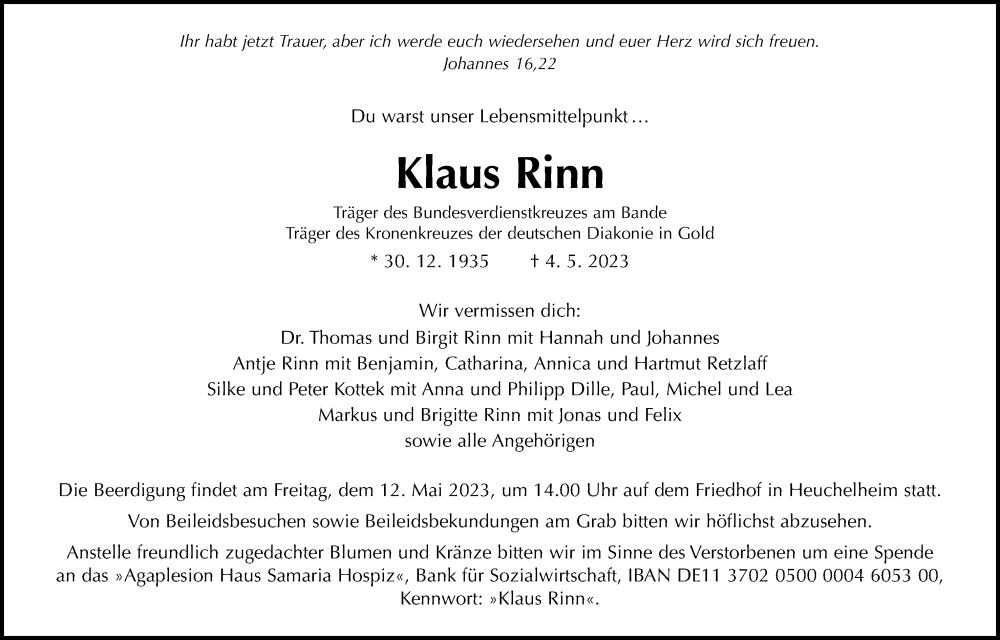  Traueranzeige für Klaus Rinn vom 06.05.2023 aus Giessener Anzeiger, Giessener Allgemeine, Alsfelder Allgemeine