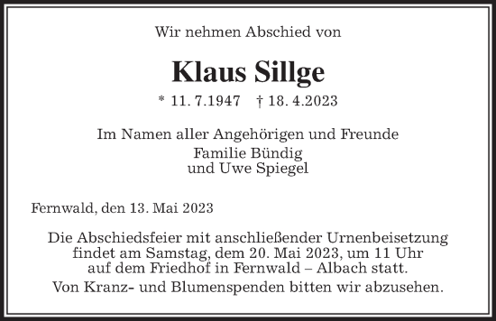 Traueranzeige von Klaus Sillge von Giessener Allgemeine, Alsfelder Allgemeine