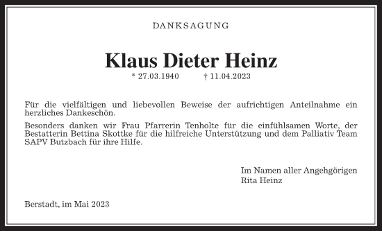 Traueranzeige von Klaus Dieter Heinz von Wetterauer Zeitung