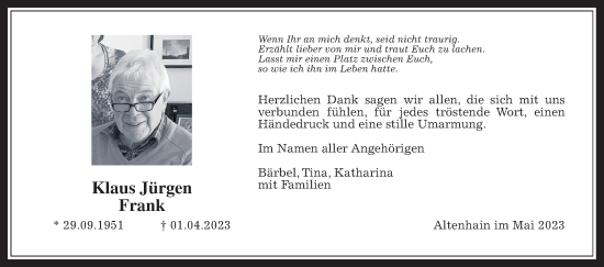 Traueranzeige von Klaus Jürgen Frank von Giessener Allgemeine, Alsfelder Allgemeine