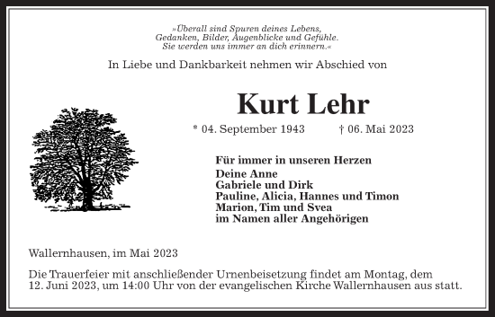 Traueranzeige von Kurt Lehr von Kreis-Anzeiger