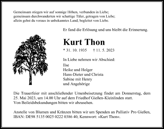 Traueranzeige von Kurt Thon von Giessener Allgemeine, Alsfelder Allgemeine, Giessener Anzeiger