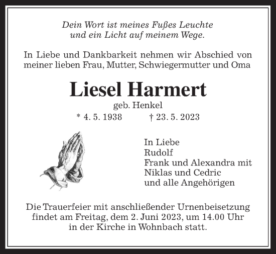 Traueranzeige von Liesel Harmert von Wetterauer Zeitung