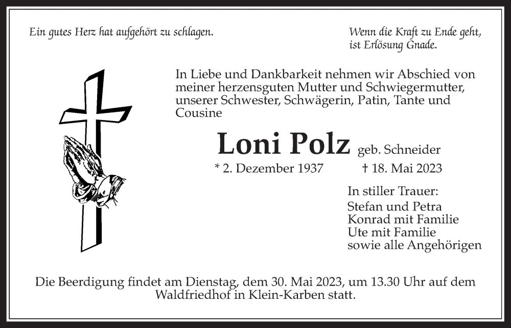  Traueranzeige für Loni Polz vom 25.05.2023 aus Bad Vilbel/Karben