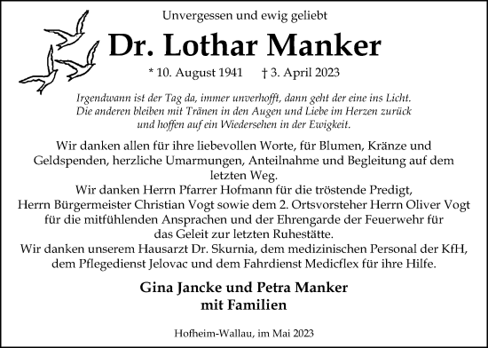 Traueranzeige von Lothar Manker 