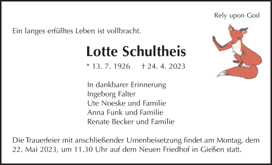 Traueranzeige von Lotte Schultheis von Giessener Anzeiger, Giessener Allgemeine, Alsfelder Allgemeine