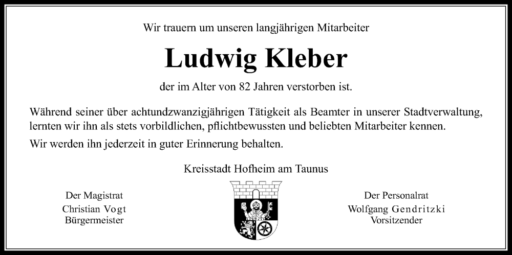  Traueranzeige für Ludwig Kleber vom 26.05.2023 aus 