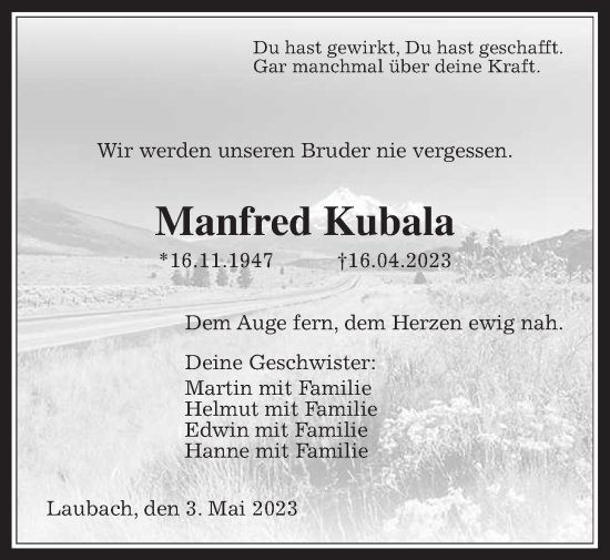 Traueranzeige von Manfred Kubala von Laubacher Anzeiger
